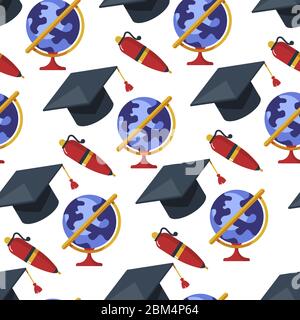 Graduation hat and globe, pen and earth model seamless pattern Stock Vector