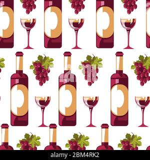 Wine bottle and grapes with wineglass seamless pattern Stock Vector