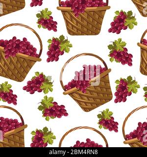 Grapes bunches in woven baskets, fruits seamless pattern Stock Vector