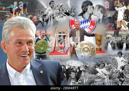 PHOTOMONTAGE: Jupp HEYNCKES celebrates its 75th birthday on May 9, 2020. Josef 'Jupp' Heynckes is a former German football coach and former football player. In his career, he achieved more victories in the German Bundesliga than anyone else as a player and coach. During his active time as a forward, he was considered versatile, fast and above all dangerous. In the 1970s, he won four German championships as a player with Borussia Monchengladbach, the DFB and UEFA Cups, and became European and World Champion with the national team. As a coach, Heynckes worked for several clubs in Germany and Spa Stock Photo