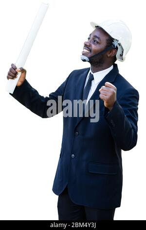 Success of smile african industrial engineer manager with isoleted white background. Stock Photo