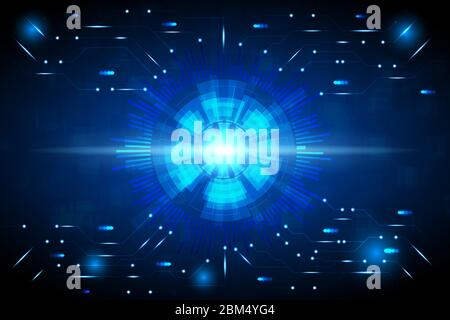 Abstract technology background with hi-tech style circle, light beam and circuit pattern. Stock Vector