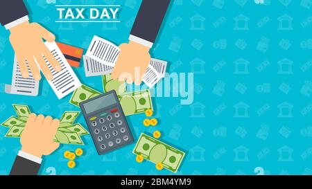 Tax day banner. Man calculates the cost of a calculator Stock Vector