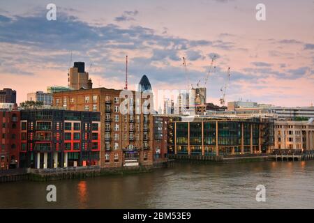 View toward Liverpool Street area from Millennium Bridge, London. Stock Photo