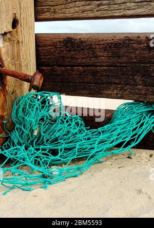 Torn nylon fishing net tangled round a wooden groyne on a beach. Lost nets are a danger to seals and seabirds as well as to fish. Stock Photo
