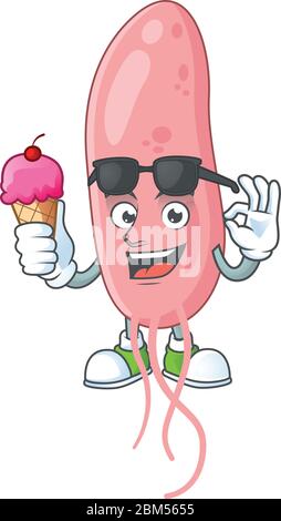Cute vibrio cholerae cartoon character enjoying an ice cream. Vector illustration Stock Vector