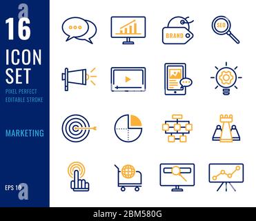 Set of marketing line icons. Editable stroke. Pixel Perfect. Vector illustration Stock Vector