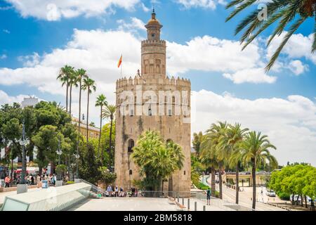 The Torre del Oro what translates to Tower of Gold - historical landmark from XIII century in Seville, Andalusia, Spain Stock Photo