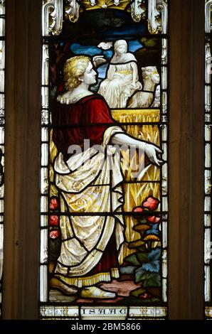 Stained Glass Window of Isaac, son of Abraham & Sarah, in Holy Trinity Church or Shakespeare Memorial Church Stratford-upon-Avon Warwickshire England Stock Photo
