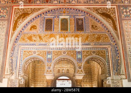 Moorish architecture of beautiful castle called Real Alcazar in Seville, Andalusia, Spain Stock Photo