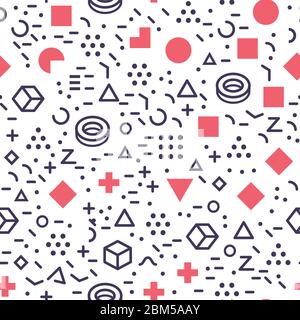 Isolated geometric shapes seamless pattern. Memphis design abstract geometrical background. Geometry elements backdrop.Black, red and white wrapping Stock Vector