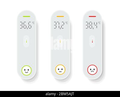 Isolated non-contact thermometers vector illustrations set. Medical covid-19 temperature checkup elements collection. Doctor examination tools icons Stock Vector