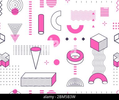 Seamless Memphis style graphic design wallpaper pattern. Repeatable hand drawn geometric shapes outline vector illustration. Geometry elements contour Stock Vector