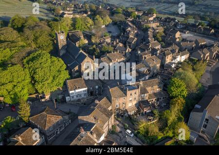 Aerial Shot of Haworth main street, near Keighley, West Yorkshire home of the Bronte Sisters Stock Photo