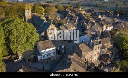 Aerial Shot of Haworth main street, near Keighley, West Yorkshire home of the Bronte Sisters Stock Photo