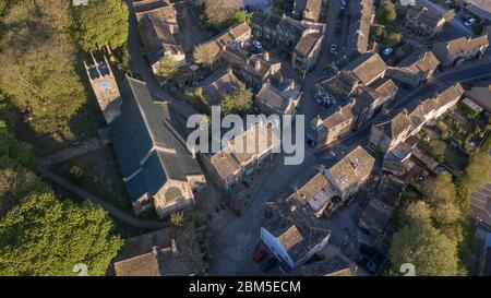 Aerial Shot of Haworth main street, near Keighley, West Yorkshire home of the Bronte Sisters Stock Photo