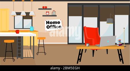 Home Office. The interior of the kitchen and living room. Organization of a workplace in the house. Online work. Remote earnings. Freelance. Stock Vector
