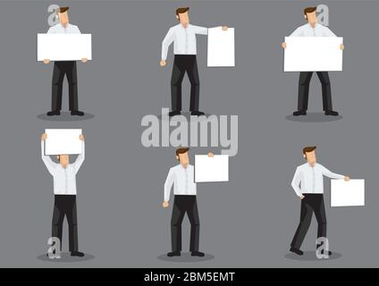 Set of six vector illustration of cartoon man character holding blank placard sign board isolated on grey background. Stock Vector