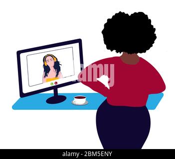 Vector illustration on the theme of remote work and home office. AFRO-AMERICAN WOMAN HOLDING VIDEO CONFERENCE. VIDEO COMMUNICATION. Work from home Stock Vector