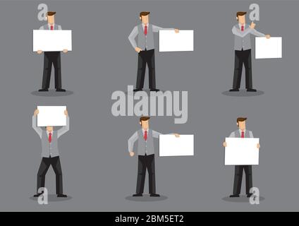 Set of six vector illustrations of cartoon man character in grey vest suit over dress shirt and red necktie holding blank sign board with copy space i Stock Vector