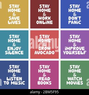 Colorful banner collection quotes about home activities during quarantine. Stay home and save lives, work online, don't panic, enjoy silence, read Stock Vector