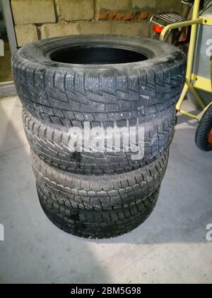 Winter tires are in the garage. Replacement cutting for cars Stock Photo