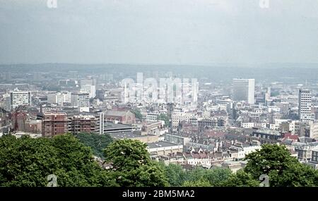 Bristol in the 60s and 70s:  The view from the top of Bristol’s Cabot Tower on Brandon Hill in June 1970, looking towards the Centre and the city’s new 60s high-rise office blocks, which had caused controversy because of the impact on neighbouring areas. Stock Photo