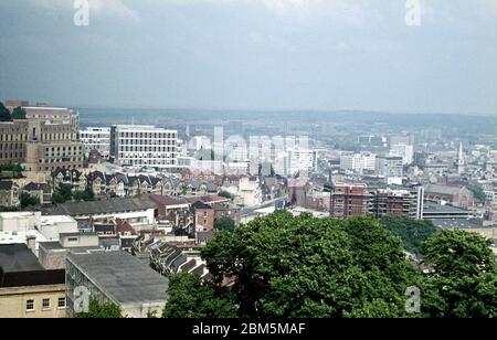 A view from the top of the Cabot Tower on Brandon Hill in June 1970, looking towards Park Row and the edge of the Bristol University campus around the Wills Memorial Building, including the old Veterinary School buildings and some of the Science blocks.  The photograph was used with others taken at the time to create a panoramic view of the campus, using the photomerge facility in Adobe Photoshop Elements. Stock Photo