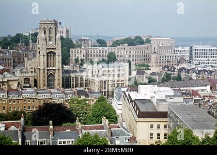 Bristol in the 60s and 70s:  A view of Bristol University in June 1970, taken from the top of the Cabot Tower on Brandon Hill looking across Queens Road towards part of the campus around the Wills Memorial Building and the Royal Fort, including the old Veterinary School buildings and some of the Science blocks.  In the foreground is the Alfred Marshall building in Berkeley Square used in those days by the Social Sciences Faculty. Stock Photo