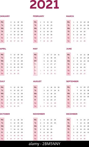 The 2021 calendar template with left oriented columns Stock Vector