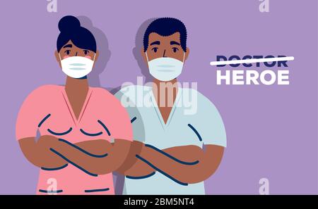 afro doctors couple using face masks for covid19 Stock Vector