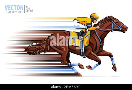 Jockey on racing horse. Sport. Champion. Hippodrome. Racetrack. Equestrian. Derby. Speed Vector illustration Isolated on white background Stock Vector