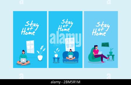 stay at home campaign set scenes Stock Vector