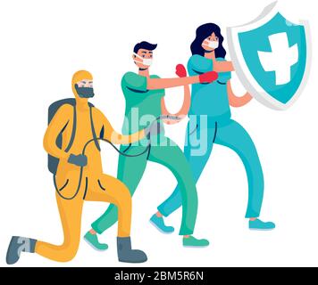 doctors boxing with biosafety worker Stock Vector