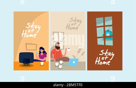 stay at home campaign set scenes Stock Vector