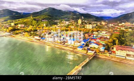 Aerial view on seashore resort area colorful painting looks like picture Stock Photo