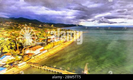 Aerial view on seashore resort area colorful painting looks like picture Stock Photo