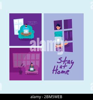 stay at home campaign set scenes Stock Vector