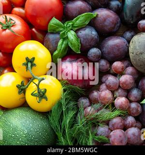 Colorful assortment of fruit and vegetables, healthy eco natural products, top view. Stock Photo