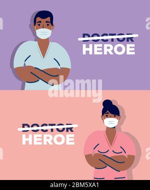 afro doctors couple using face masks for covid19 Stock Vector