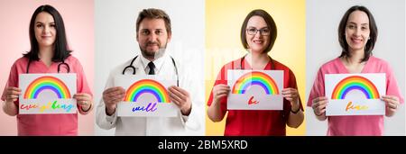 Banner with doctors with stethoscope, holding a white paper with rainbow painted and message everithing will be fine Stock Photo