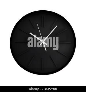A deep black wall clock with silver metal hands, cut out on white background Stock Photo