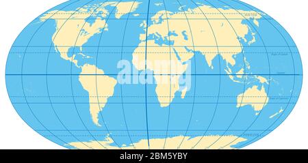 World map with circles of latitudes and longitudes, showing Equator, Greenwich meridian, Arctic and Antarctic Circle, Tropic of Cancer and Capricorn. Stock Photo