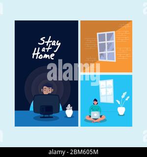 stay at home campaign set scenes Stock Vector