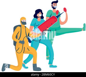 doctors boxing with biosafety worker and injection Stock Vector