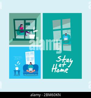 stay at home campaign set scenes Stock Vector