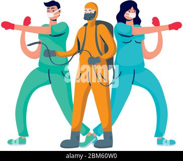 professional doctors couple boxing with gloves and biosafety worker Stock Vector
