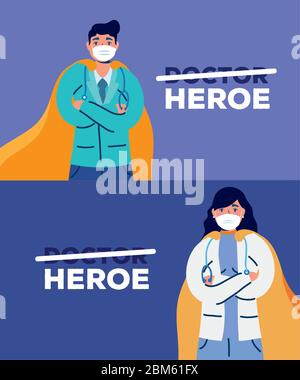 doctors heros couple with face masks characters Stock Vector