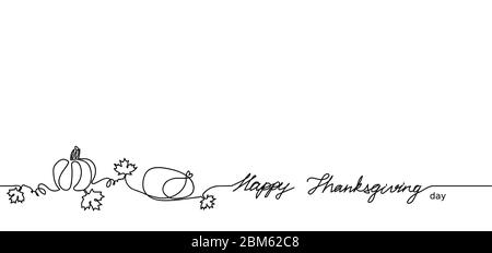 Happy Thanksgiving one continuous single line vector illustration. Pumpkin, maple leaves, turkey. Canada Thanksgiving holiday web banner,simple Stock Vector