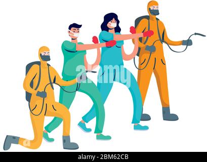 professional doctors couple boxing with gloves and biosafety workers Stock Vector